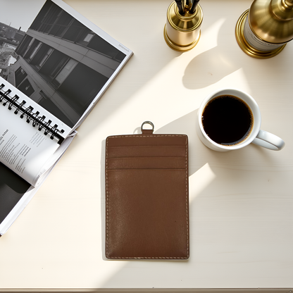WRIZA Genuine Leather ID Card Holder Case with Neck Lanyard Loop | Handcrafted Vertical Office Badge Holder with 3 Credit Card Slots for Men & Women (Tan)