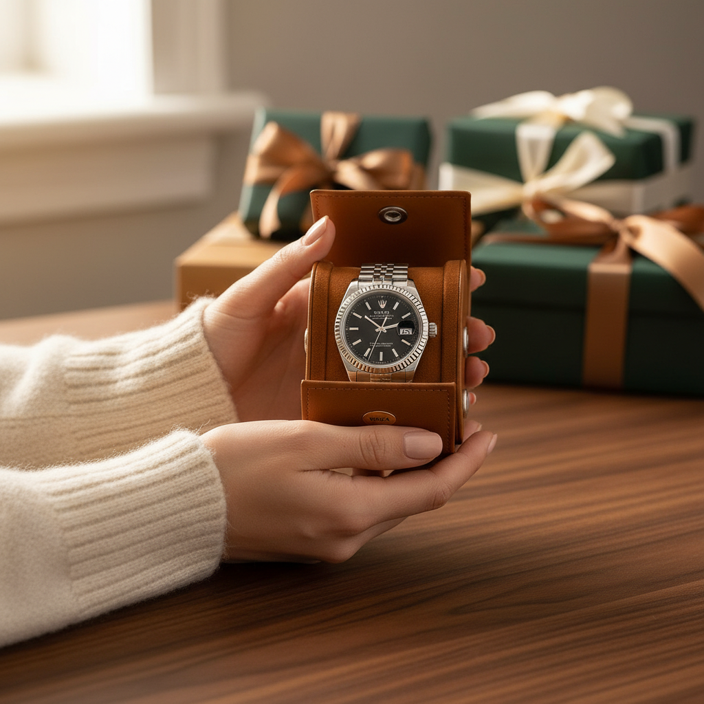 WRIZA Handcrafted Genuine Leather Single Watch Case Roll - Travel Organizer with Soft Suede Lining & Secure Snap Closure - Premium Tan Watch Box for Men & Women