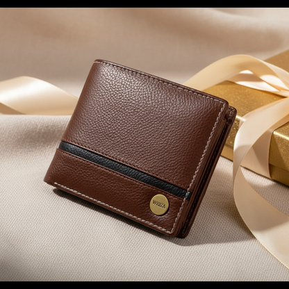 WRIZA Men’s Genuine Leather Bifold Wallet | Premium Textured Finish with Coin Pocket, 2 Currency Compartments & Multiple ID Card Slots | Stylish & Slim Casual Business Wallet for Men (Tan)