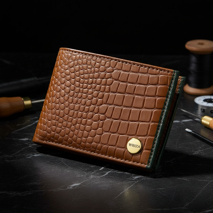 WRIZA Men's Tan Croco Textured Genuine Leather Bifold Wallet | Multiple Card Slots & Coin Pocket | Slim Formal Wallet for Men | Premium Durable Craftmanship