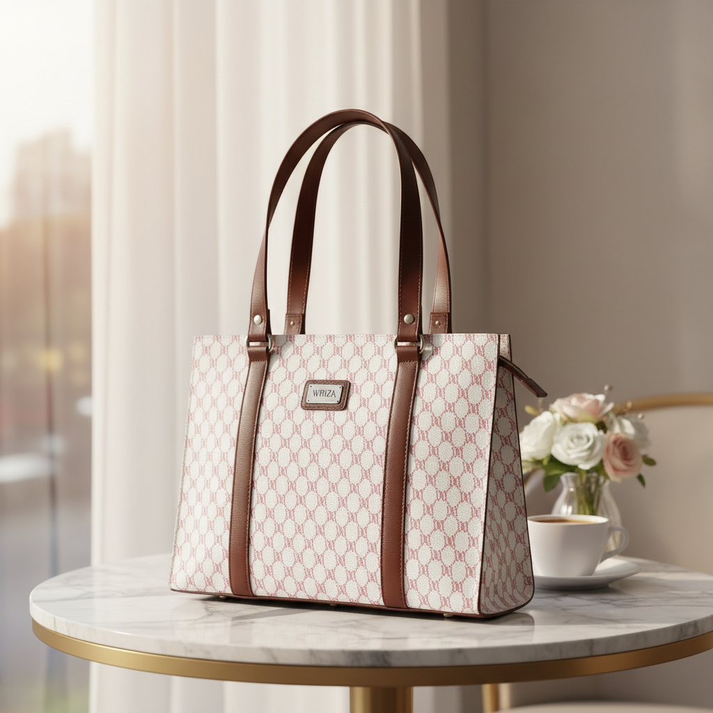WRIZA Women's Genuine Leather Tote Bag | Large Office Handbag with Laptop Compartment | Monogram Printed Textured Shoulder Bag for Work & Travel