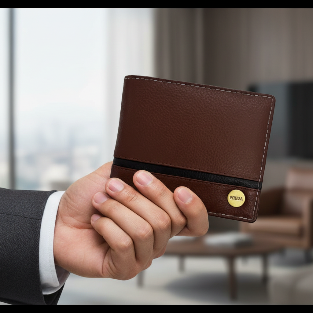 WRIZA Men’s Genuine Leather Bifold Wallet | Premium Textured Finish with Coin Pocket, 2 Currency Compartments & Multiple ID Card Slots | Stylish & Slim Casual Business Wallet for Men (Tan)