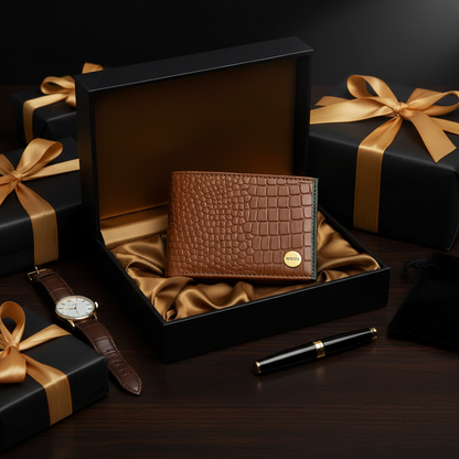 WRIZA Men's Tan Croco Textured Genuine Leather Bifold Wallet | Multiple Card Slots & Coin Pocket | Slim Formal Wallet for Men | Premium Durable Craftmanship