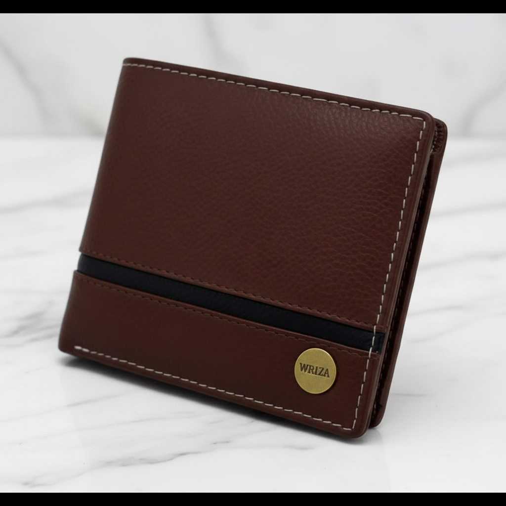 WRIZA Men’s Genuine Leather Bifold Wallet | Premium Textured Finish with Coin Pocket, 2 Currency Compartments & Multiple ID Card Slots | Stylish & Slim Casual Business Wallet for Men (Tan)