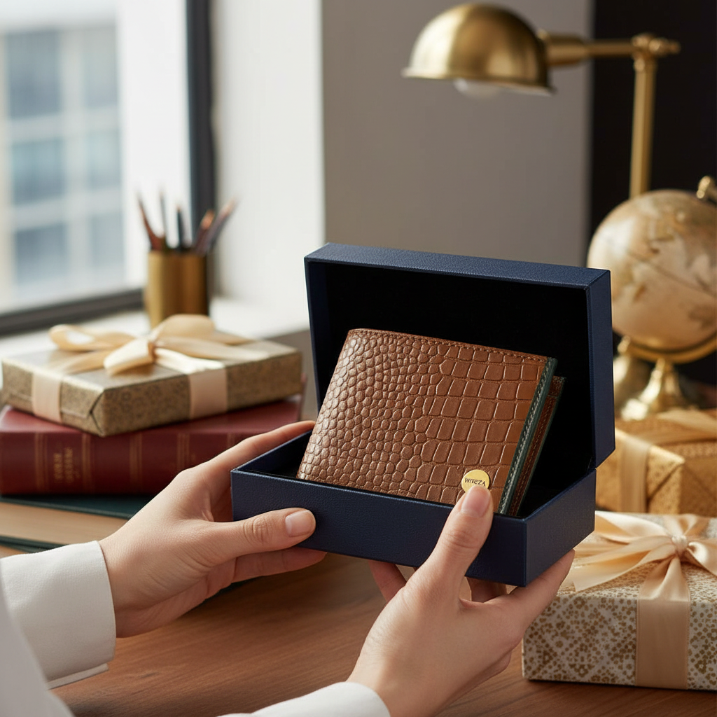WRIZA Men's Tan Croco Textured Genuine Leather Bifold Wallet | Multiple Card Slots & Coin Pocket | Slim Formal Wallet for Men | Premium Durable Craftmanship