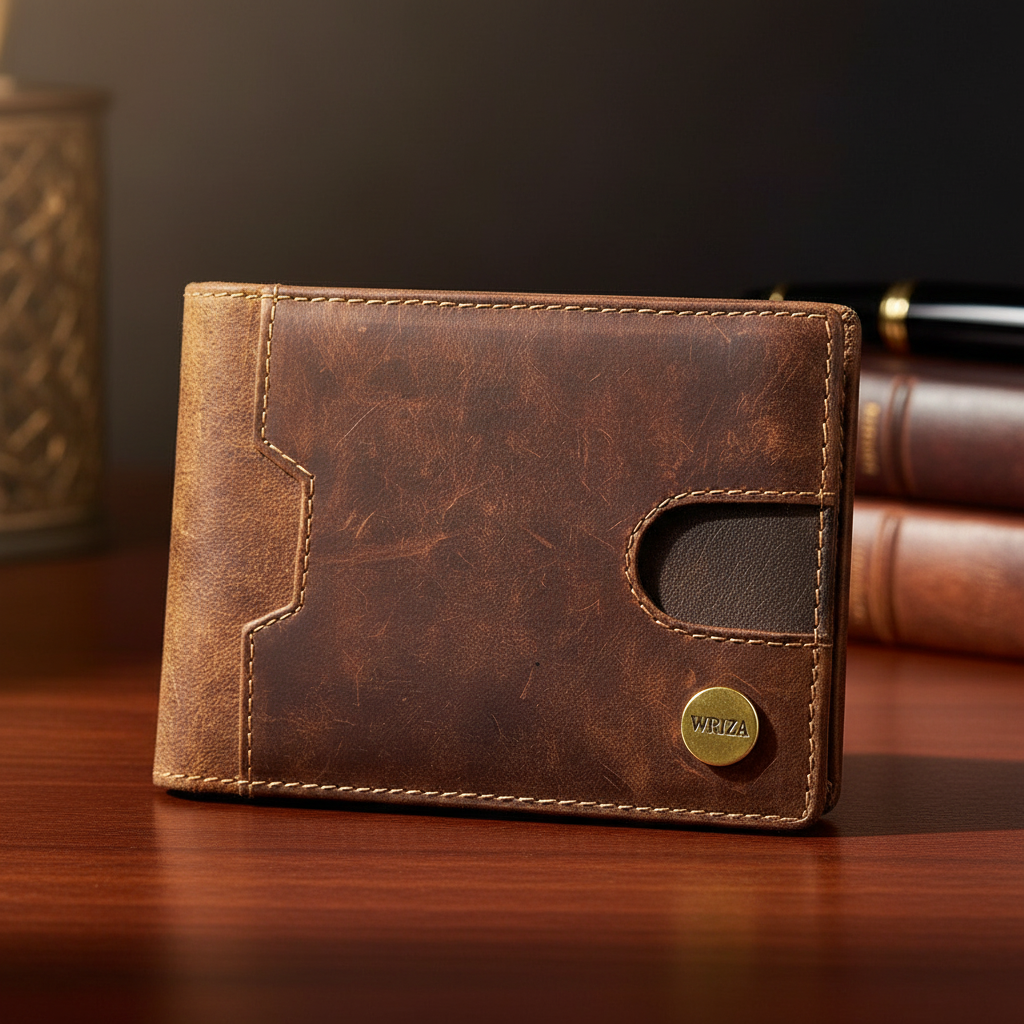 WRIZA Men's Genuine Hunter Leather Wallet with RFID Blocking, 9 Card Slots, Metal Money Clip and Zipper Coin Pocket - Slim Bifold Vintage Brown Purse