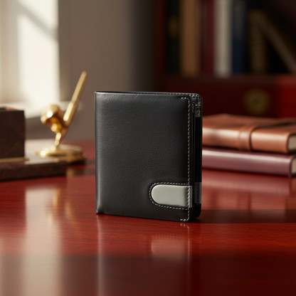 WRIZA Men's Genuine Leather Bifold Wallet | 11 Card Slots & Coin Pocket | Sleek Black Slim Wallet for Men with ID Window and Contrast Detail