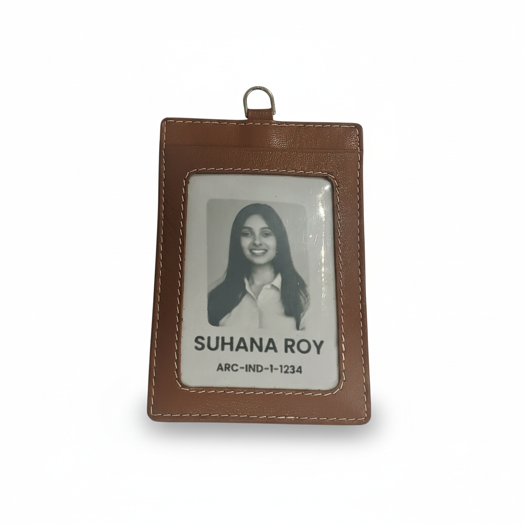 WRIZA Genuine Leather ID Card Holder Case with Neck Lanyard Loop | Handcrafted Vertical Office Badge Holder with 3 Credit Card Slots for Men & Women (Tan)