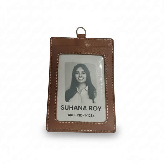 WRIZA Genuine Leather ID Card Holder Case with Neck Lanyard Loop | Handcrafted Vertical Office Badge Holder with 3 Credit Card Slots for Men & Women (Tan)