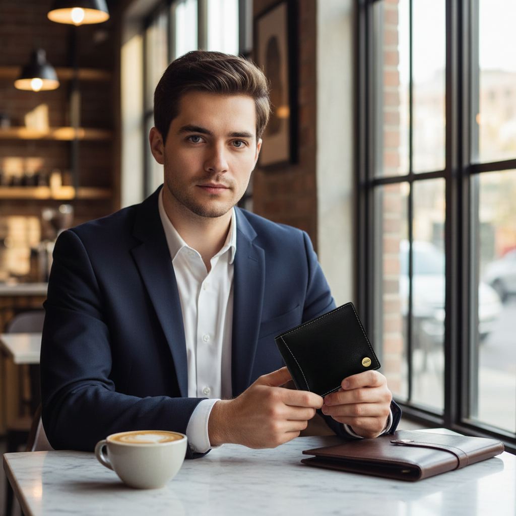 WRIZA Men’s Genuine Leather Bifold Wallet | Premium Textured Finish with Coin Pocket, 2 Currency Compartments & Multiple ID Card Slots | Stylish & Slim Casual Business Wallet for Men (Black)