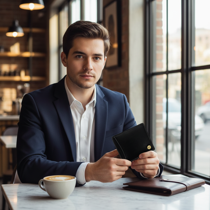 WRIZA Men’s Genuine Leather Bifold Wallet | Premium Textured Finish with Coin Pocket, 2 Currency Compartments & Multiple ID Card Slots | Stylish & Slim Casual Business Wallet for Men (Black)