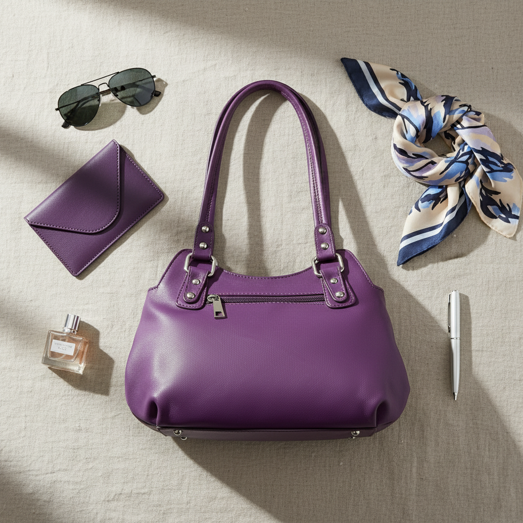WRIZA Luxury Purple Genuine Leather Handbag for Women | Premium Textured Shoulder Bag with Multiple Zip Compartments | Stylish Ladies Purse for Office & Casual Use | Durable Top-Handle Satchel