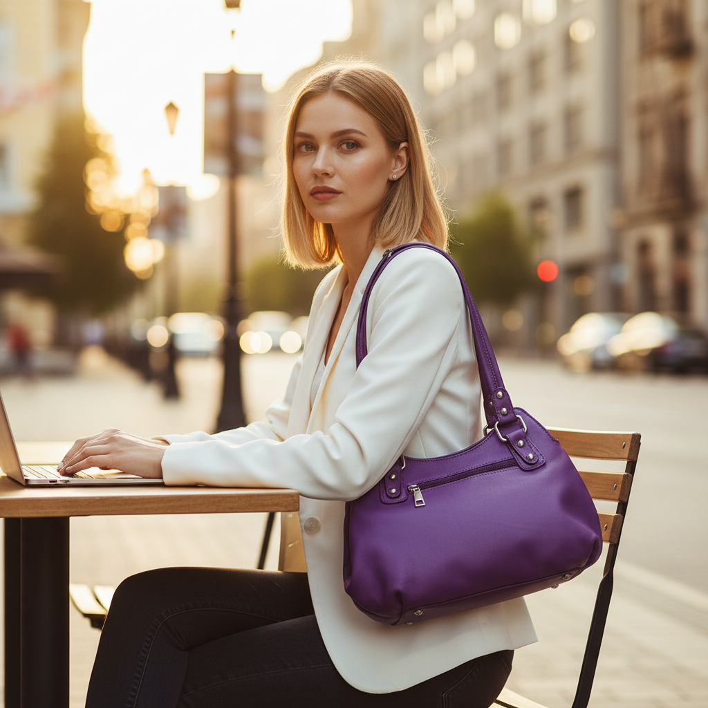 WRIZA Luxury Purple Genuine Leather Handbag for Women | Premium Textured Shoulder Bag with Multiple Zip Compartments | Stylish Ladies Purse for Office & Casual Use | Durable Top-Handle Satchel