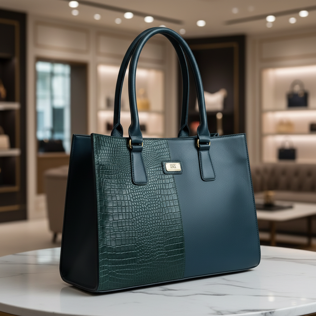 WRIZA Genuine Leather Handbag for Women | Dark Blue & Green Croco Textured Tote Bag for Office & Travel | Large Multipurpose Shoulder Bag Fits Laptop & Bottle