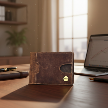 WRIZA Men's Genuine Hunter Leather Wallet with RFID Blocking, 9 Card Slots, Metal Money Clip and Zipper Coin Pocket - Slim Bifold Vintage Brown Purse