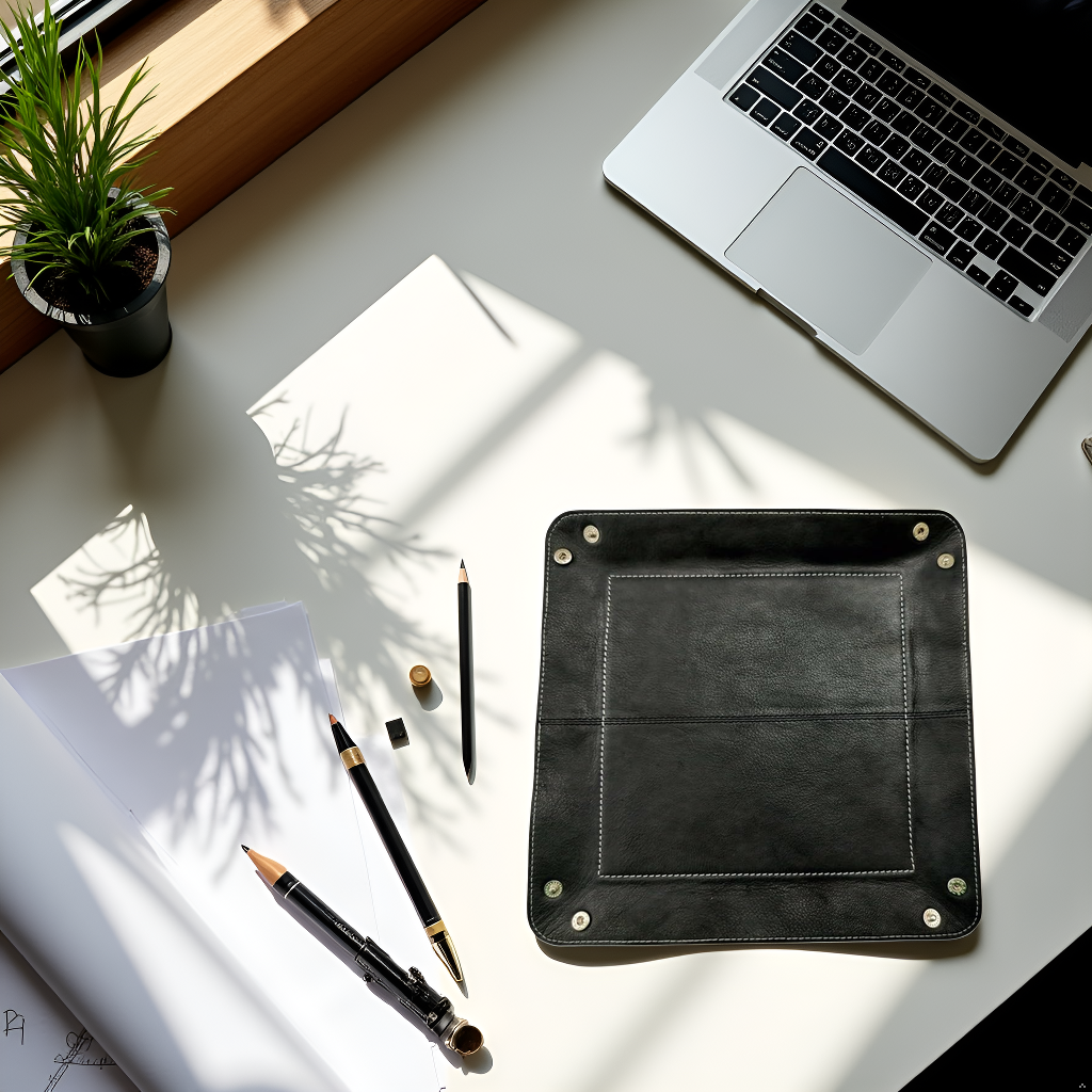 WRIZA Handcrafted Genuine Leather Valet Tray | Foldable Desk Organizer Catchall for Keys, Wallet, Phone & Office Stationery