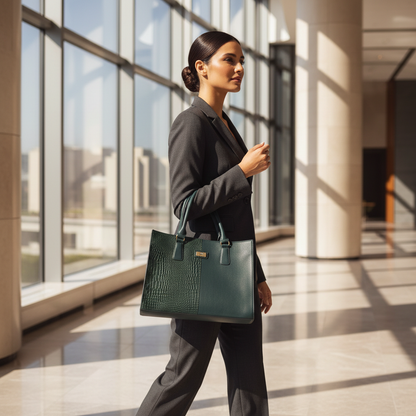 WRIZA Genuine Leather Handbag for Women | Dark Blue & Green Croco Textured Tote Bag for Office & Travel | Large Multipurpose Shoulder Bag Fits Laptop & Bottle