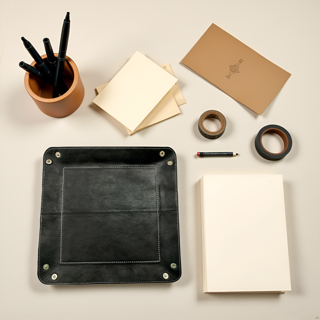 WRIZA Handcrafted Genuine Leather Valet Tray | Foldable Desk Organizer Catchall for Keys, Wallet, Phone & Office Stationery