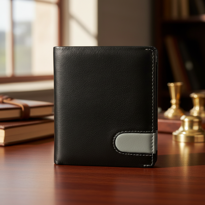 WRIZA Men's Genuine Leather Bifold Wallet | 11 Card Slots & Coin Pocket | Sleek Black Slim Wallet for Men with ID Window and Contrast Detail