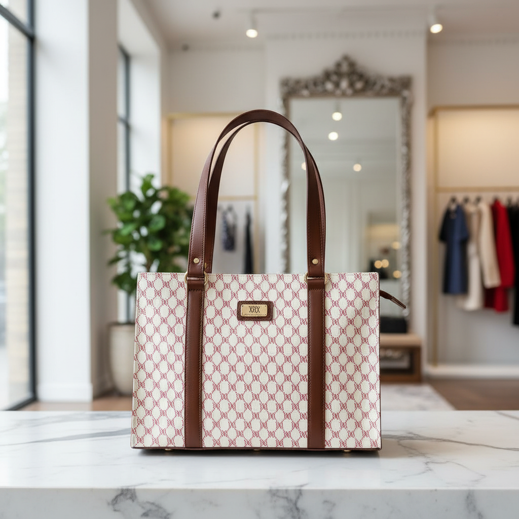 WRIZA Women's Genuine Leather Tote Bag | Large Office Handbag with Laptop Compartment | Monogram Printed Textured Shoulder Bag for Work & Travel