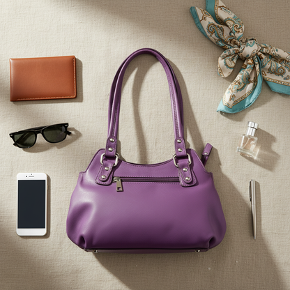 WRIZA Luxury Purple Genuine Leather Handbag for Women | Premium Textured Shoulder Bag with Multiple Zip Compartments | Stylish Ladies Purse for Office & Casual Use | Durable Top-Handle Satchel