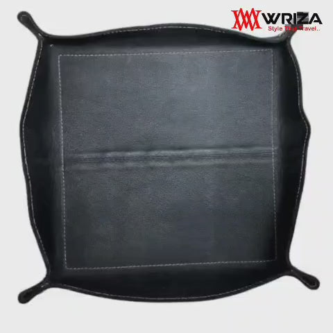 WRIZA Handcrafted Genuine Leather Valet Tray | Foldable Desk Organizer Catchall for Keys, Wallet, Phone & Office Stationery