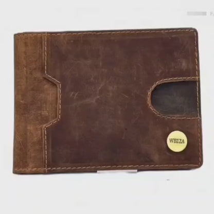 WRIZA Men's Genuine Hunter Leather Wallet with RFID Blocking, 9 Card Slots, Metal Money Clip and Zipper Coin Pocket - Slim Bifold Vintage Brown Purse