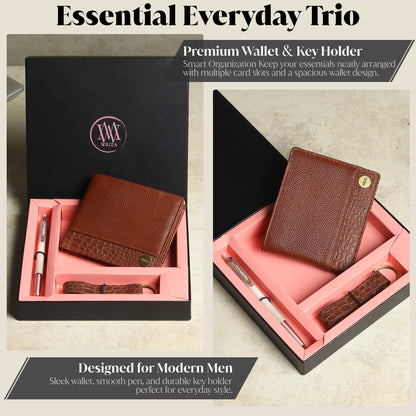 WRIZA Men's Genuine Leather Wallet, Pen & Keychain Gift Set | Premium Croc Texture Combo Box for Birthday, Anniversary & Corporate Gifting
